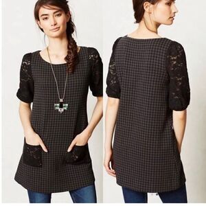 Anthropologie Postcard Knit Tunic/ short  Dress XS Black Gray Lace Sleeves